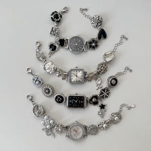 Silver Statement Watch Bracelet,Gothic Black and White Charm Timepiece,Retro Floral and Star Jewelry,Handmade Vintage-Inspired Gift for Her