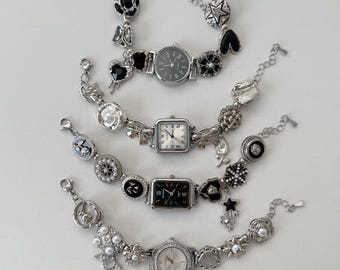 Silver Statement Watch Bracelet,Gothic Black and White Charm Timepiece,Retro Floral and Star Jewelry,Handmade Vintage-Inspired Gift for Her