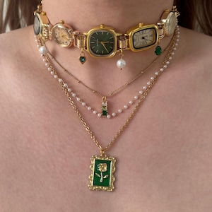 Green Watch Choker Necklace,Vintage Charms Clock  Choker,Rose Chain Necklace,Handmade Retro Gold Jewelry with Pearls and Layered Chains