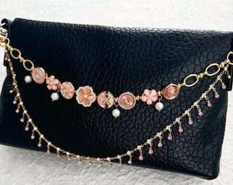 Vintage Gold Bag Chain,Luxury Pink Purse Chain,Gold with Pearl and Diamond Charms,Retro Layered Chain Bag Chain,Unique and Versatile Gift