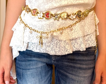 Catena da cintura per orologio fatta a mano, catena per jeans con cuore dorato Y2K, catena per cintura con quadranti multipli, gioielli estetici punk carini, colorati per festival e abbigliamento quotidiano