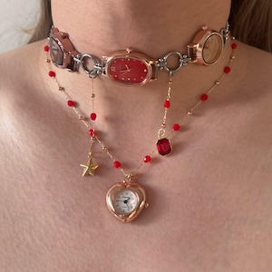 Rose Gold Watch Choker Necklace Set,Red Clock Jewelry,Layered Red Beaded Jewelry Set,Multi-Watch Chain Choker, Unique Y2K Gift for Her