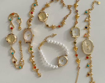 Vintage Gold Watch Bracelet, Moon Star Pearl Charm Wristwatch,Celestial Y2K Jewelry, Cute Watch Chain, Adjustable Dainty Gift for Her