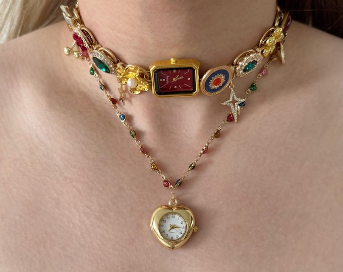Colorful Vintage Watch Necklace with Heart Pendant,Layered Gold Chain Statement Jewelry,Funky Unique Charm Clock Choker Gift,Bold Y2K Choker