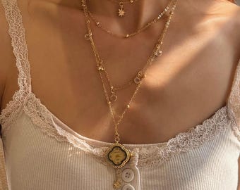 Collar vintage con colgante de estrella dorada, collar de cadena dorada multicapa, elegante joyería retro para mujer, idea de regalo chic
