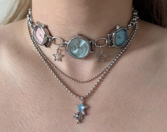 Y2K Silver Watch Choker with Star Charms, Triple Dial Necklace, Vintage Cybercore Clock Jewelry, Layered Celestial Necklace,Dreamy Gift