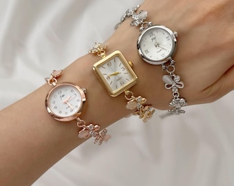 Floral Watch Bracelet for Women – Elegant Dainty Flower Charm Watch, Gold Silver Rose Gold Options, Adjustable Bracelet, Unique Gift for Her