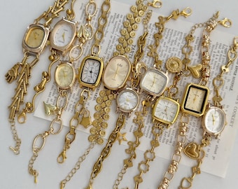 Handcraft Gold Watch Bracelet with Charms – Elegant Vintage Women&#39;s Timepiece Jewelry – Unique Retro Statement Wrist Watch Chain Gift