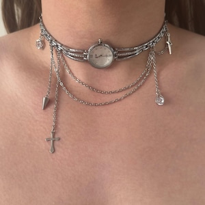 Silver Layered  Watch Choker,Charms Clock Choker,Punk Rock Gothic Style with Spikes,Cross, and Rhinestones,Adjustable Handmade Gift
