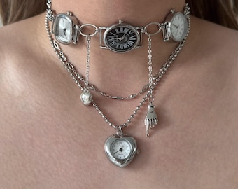 Steampunk Inspirierte Uhr Gesicht Halskette,Herz Uhr Choker,Edgy Punk Statement Kette,Gothic Punk Layered Uhr Schmuck,Unikat Schmuck