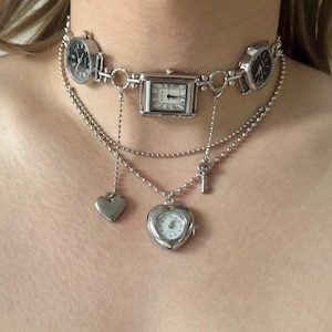 Vintage Silver Watch Choker Necklace with Heart Charm,Layered  Chain Clock Pendant Jewelry,Y2K Statement Accessory,Gothic Timepiece Gift