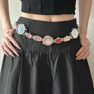 Vintage gouden tailleketting met meerdere wijzerplaat, verstelbare retro horlogeriem, handgemaakte hartwijzerplaten horloge kunst riem sieraden, zilveren Y2K-riem, handgemaakt cadeau