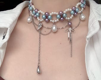 Handmade Layered Pearl Choker Necklace,Sliver Layered Beaded Jewelry,Wedding Neckalce,Fairycore Neckalce,Art-Inspired Necklace,Gift for her