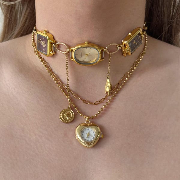 Vintage Gold Watch Choker & Layered Necklace Set,Handmade Clock Necklace,Punk Jewelry with Heart Pendant,Retro Statement Gift for Her