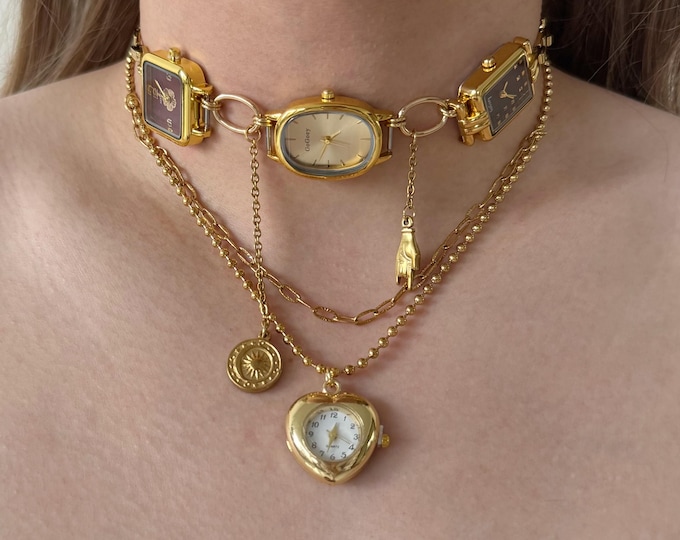 Vintage Gold Watch Choker & Layered Necklace Set,Handmade Clock Necklace,Punk Jewelry with Heart Pendant,Retro Statement Gift for Her