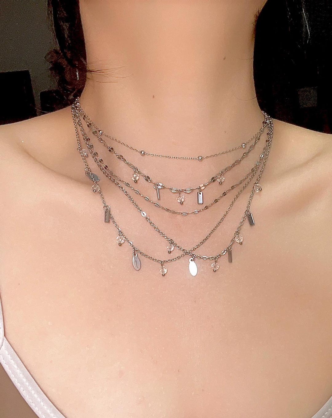 ●BLACKPURPLE● Sparkle Shield Layering Necklace / unisex Multilayer Silver Necklace,punk Heavy Design,statement Chain