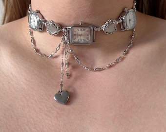 Vintage Heart Charm Watch Choker Necklace,Layered Silver Gothic Clock Jewelry, Gothic Punk Choker,Statement Chain with Dangling Heart Charm