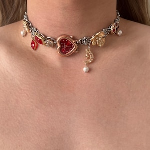 Red Heart Watch Necklace,Mixed Metal Choker with Crescent Moon and Flower Charms,Artistic Design Choker Elegant Vintage Jewelry Gift for Her