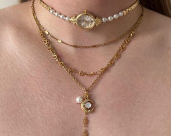 Pearl Watch Choker Necklace,Gold Moon Pendant Layered Chain,Romantic Retro Jewelry Gift,Elegant Baroque Style Accessory,Aesthetic Choker
