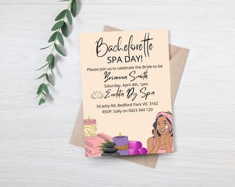 Bachelorette Spa-Party Einladung Vorlage zum ausdrucken, Verwöhn-Party Geburtstag einladen, bearbeitbare Spa-Party Einladung, Hight Night Verwöhn-Party