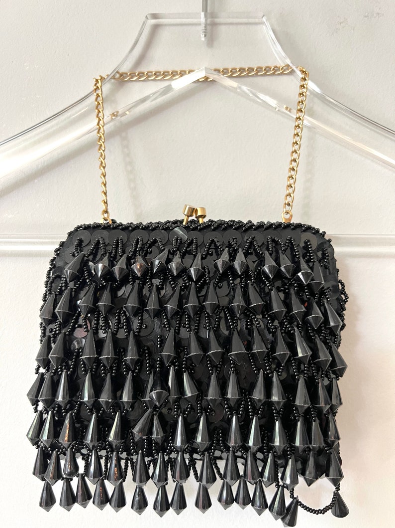 1950s GLAM Black Fringe Beaded Evening Clutch Purse image 5