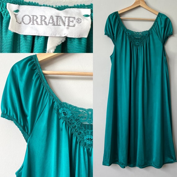 1980s Emerald Sea Green Nylon Lace trim Nightgown - image 1