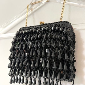 1950s GLAM Black Fringe Beaded Evening Clutch Purse image 7