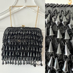 1950s GLAM Black Fringe Beaded Evening Clutch Purse image 1