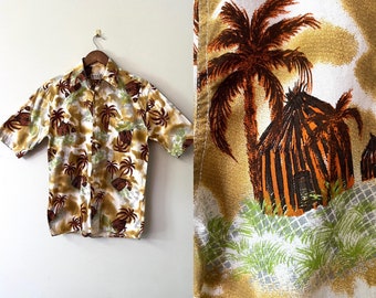 1950s Mens Tiki Orange Brown Palm Tree Print Rockabilly Buttondown L/XL