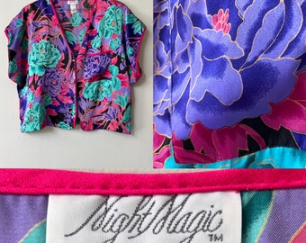 1980s Exploded Purple Teal Floral Satin Button Sleep Top L