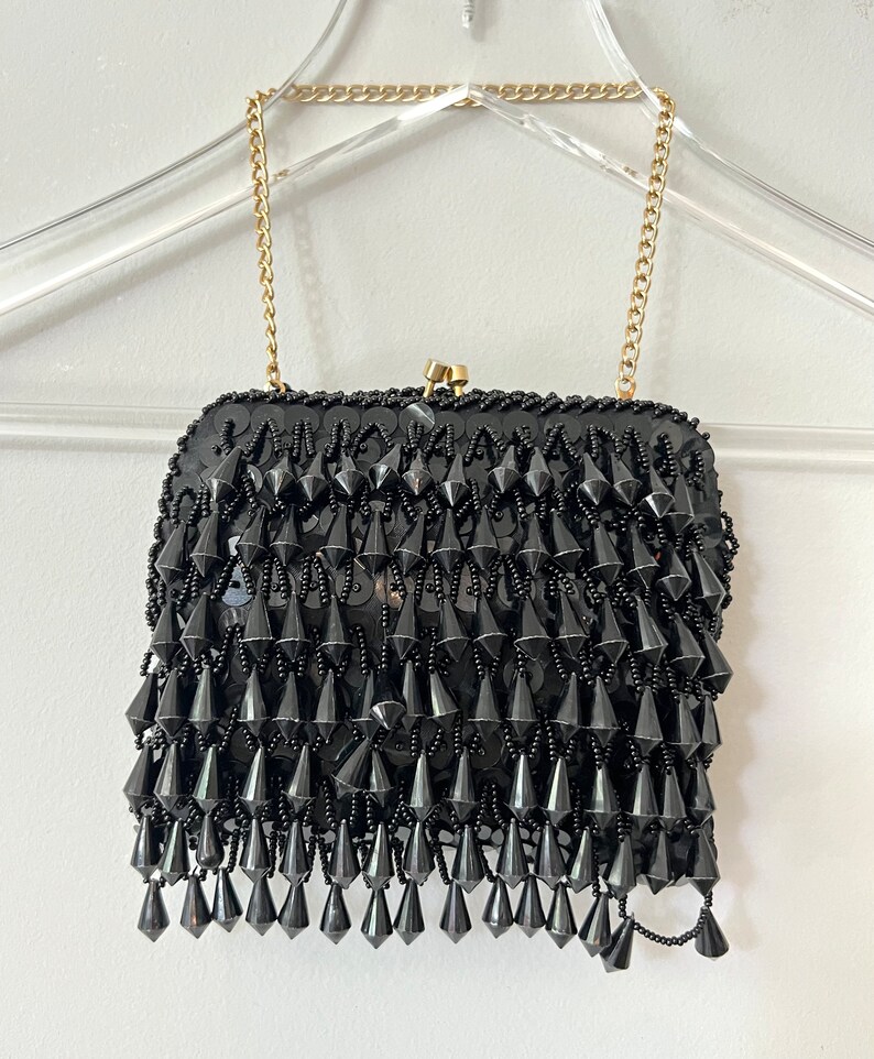 1950s GLAM Black Fringe Beaded Evening Clutch Purse image 8