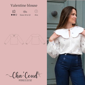May include: A white blouse with a large, scalloped collar and long sleeves. The blouse has small blue floral embroidery and is worn with navy blue high-waisted trousers. The image includes a pattern illustration and the text "Valentine blouse".