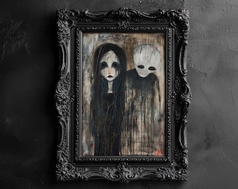 May include: A framed painting of two figures, a woman with long dark hair and a pale-skinned figure with large eyes. The painting is in a dark, ornate frame.