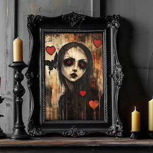 Gothic Valentines Day Decor Gift Creepy Goth Girl with Hearts - Unframed Painting Art Print - Macabre Dark Art Academia Mantle Decoration