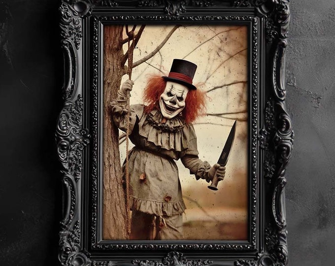 Scary Evil Carnival Clown - Unframed Matte Paper Art Print - Antique Vintage Style Photograph Creepy Spooky Gothic Macabre Mantle Decoration