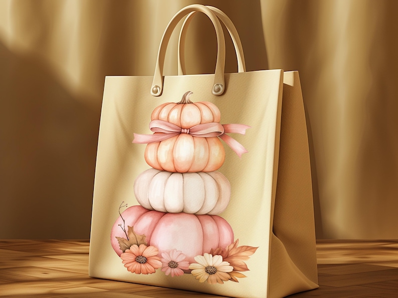 May include: A beige tote bag with a watercolour illustration of stacked pumpkins in pink and peach hues, decorated with a pink bow and flowers. The bag has two handles and is set against a warm, neutral backdrop.