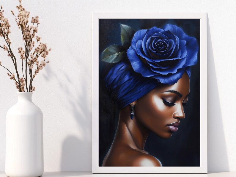 May include: A painting of a woman with dark skin wearing a blue turban with a large blue rose on top. The woman has her eyes closed and is looking down. The background is a dark blue.