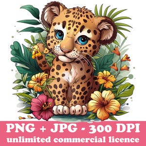 Könnte beinhalten: Eine Cartoon-Illustration eines niedlichen Leopardenjungen, der in einem Bett aus tropischen Blumen sitzt. Der Leopard hat blaue Augen und ein geflecktes Fell. Die Blumen sind gelb, orange und rosa.