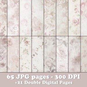 65 fogli di carta per scrapbooking floreale, fogli di diario spazzatura, carta digitale vintage, carte per diario, carta vecchia per decoupage, pagine stampabili, kit per scrapbooking