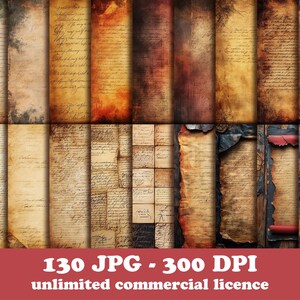 Puede incluir: Colección de texturas de papel de estilo vintage con escritura manuscrita. Los papeles varían en color desde beige claro hasta marrón oscuro, con efectos envejecidos y desgastados. La imagen incluye el texto "130 JPG - 300 DPI unlimited commercial licence".