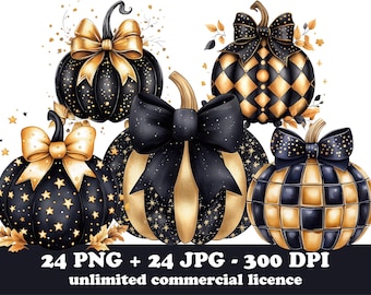 24 Disco Golden Black Pumpkin png, Watercolor Halloween Clipart, Trendy fall design, Coquette Bow Autumn Shirt Design, Spooky vibes season