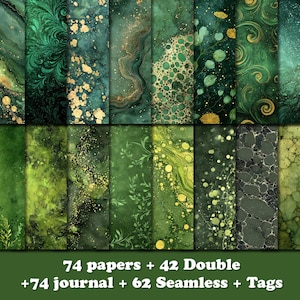 May include: A collection of digital papers in shades of green with gold accents. The papers feature various textures, including marble, floral patterns, and abstract designs. The image includes the text: "74 papers + 42 Double +74 journal + 62 Seamless + Tags."