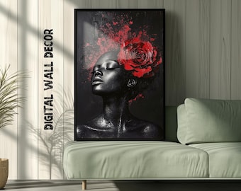 Digital Oil painting, Black woman Art, Female portrait, Red rose, African wall art, Floral wall décor, printable poster, Afrocentric décor
