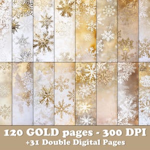 May include: 120 gold digital paper pages featuring a snowflake design. The pages are 300 DPI and include 31 double pages.