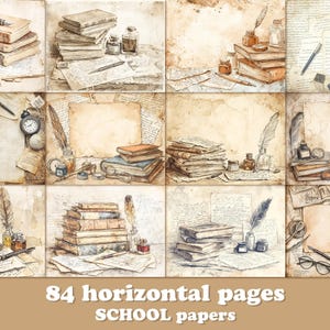 May include: A collection of sepia-toned illustrations depicting stacks of old books, inkwells, quill pens, and handwritten papers. The images have a vintage aesthetic. The text "84 horizontal pages SCHOOL papers" is displayed at the bottom of the image.