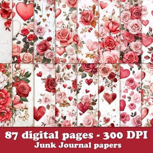 87 papéis de diário de namorados de lixo, clipart de casamento de coração, papel de rosa vermelha, papel digital para scrapbook, download digital, padrões para impressão