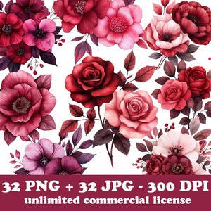 32 Aquarell Blumen Clipart, rot rosa Blumen Clipart PNG, Rosen bündeln, Blumen bedruckbar, Rosenmalerei, Sublimationssträuße Clipart-Set