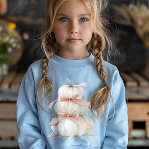 May include: A pale blue sweatshirt with a watercolour design of three white pumpkins stacked and tied with pink ribbons. The pumpkins have green stems. The sweatshirt is worn by a young girl with blonde plaits.