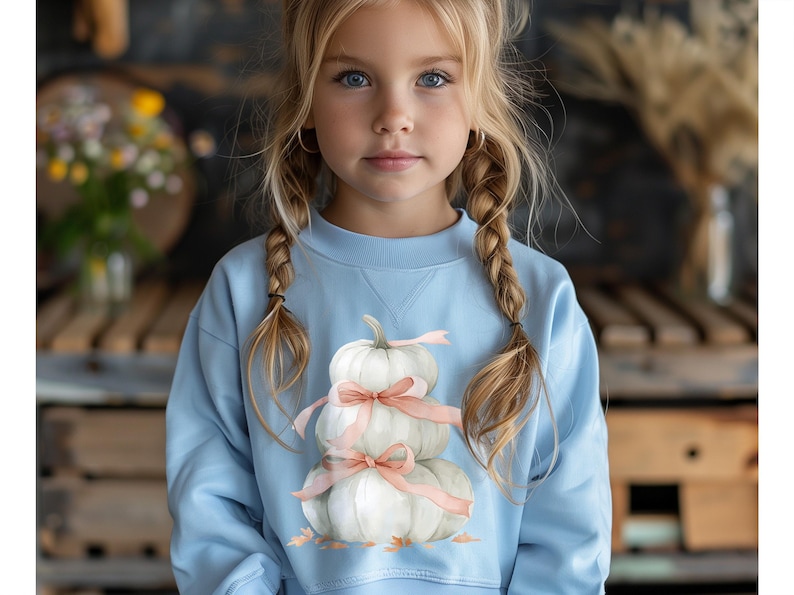 May include: A pale blue sweatshirt with a watercolour design of three white pumpkins stacked and tied with pink ribbons. The pumpkins have green stems. The sweatshirt is worn by a young girl with blonde plaits.
