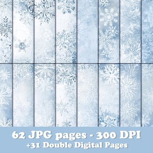 May include: A digital paper pack with 62 JPG pages of blue and white snowflake patterns. The pack includes 31 double digital pages. The resolution is 300 DPI.